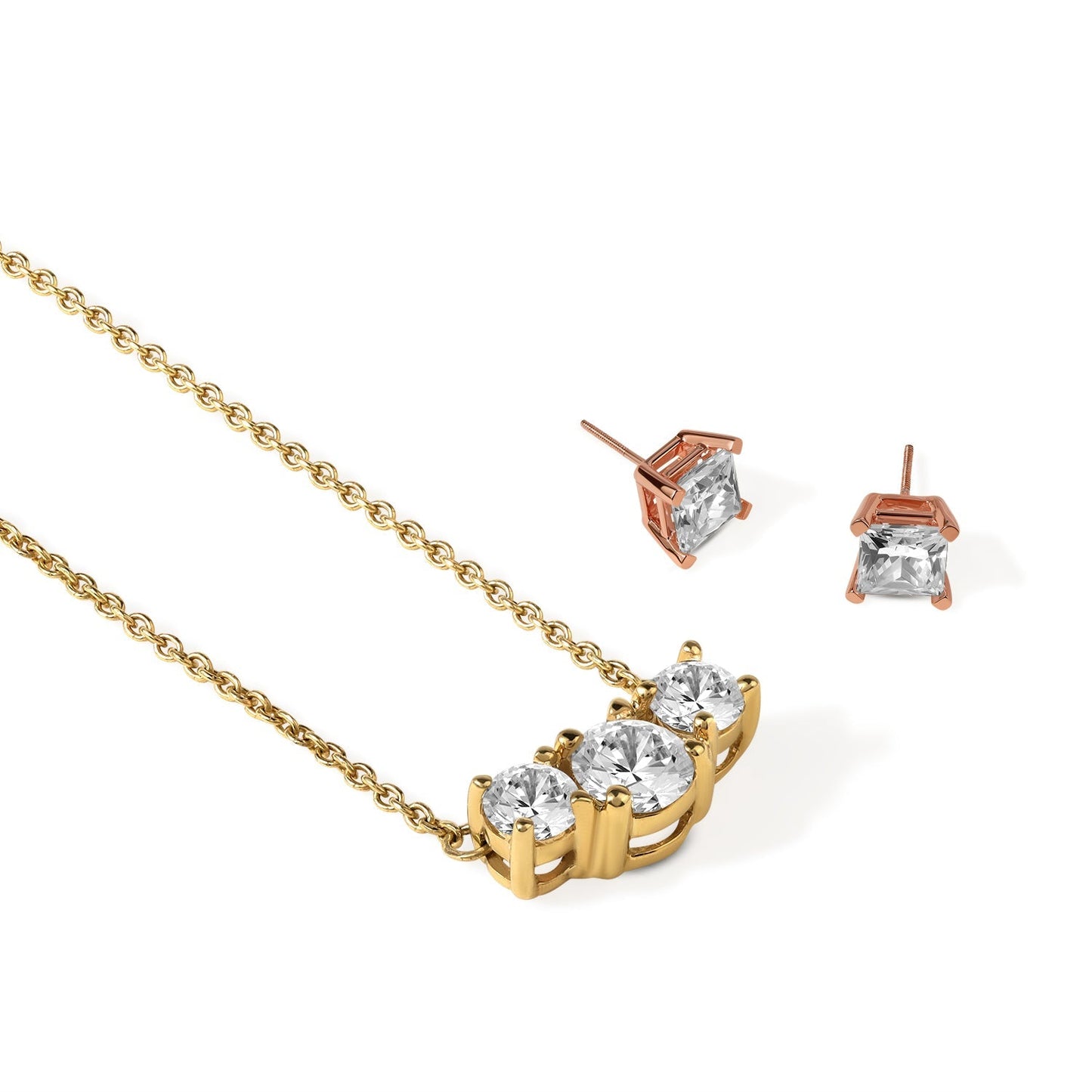 3-Stone-1/2-carat-Pendant-Necklace-Product Angle-Creative-Image-verlas-in-rose-gold-lab-grown-diamond