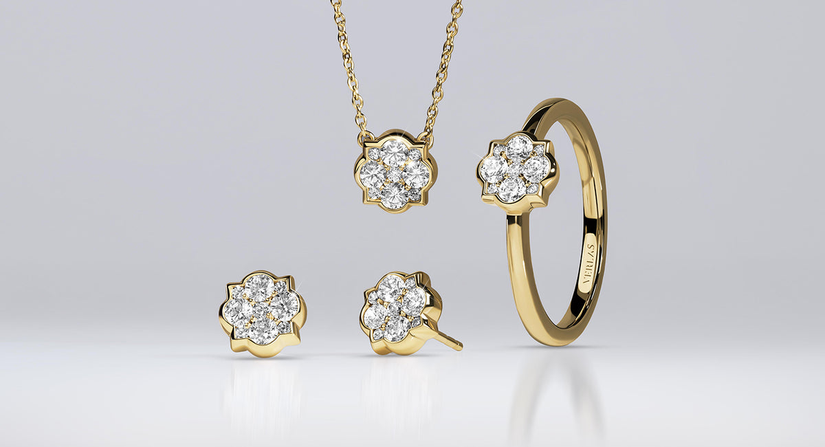 Verlas floral cluster diamond jewelry set featuring a gold necklace, stud earrings, and ring adorned with clustered lab-grown diamonds.